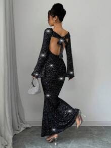 SHEIN Unity Women Glitter Fabric Tied Back Flared Sleeve Fishtail Waist Elegant Maxi Dress Outfit, For New Year - Black - View 2