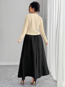 Rafferiza 法式优雅修身长袖上衣搭配蝴蝶结装饰和高腰荷叶边裙 2 件套连衣裙，女士秋冬装 - 黑色 - 查看 2