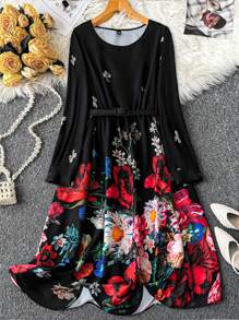 SHEIN Clasi Vestido maxi de manga larga negro de talla grande con estampado floral elegante para mujer