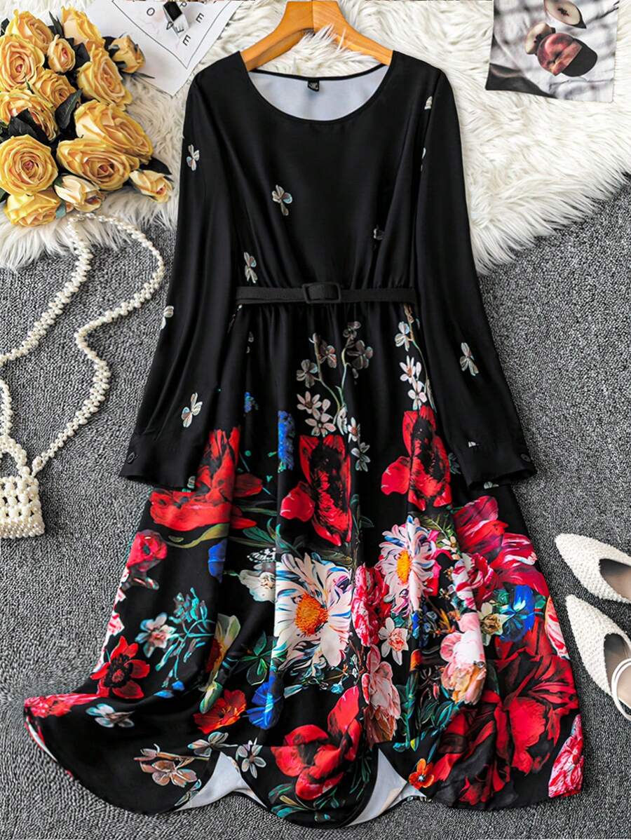 SHEIN Clasi 加大码黑色长袖优雅定位花朵连衣裙长款女装