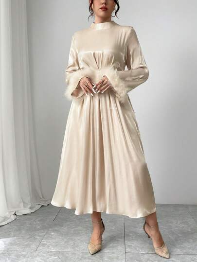 SHEIN Unity Plus Size Women's Elegant Feather Cuff Solid Color Long Evening Party Dress, Shiny Fabric Maxi Women Outfit