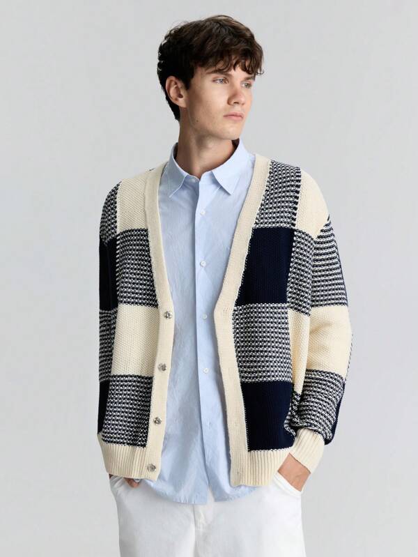 Ontre Men's Spring Black & White Plaid Oversized Button Front Long Sleeve Solid Color Patchwork Casual Cardigan Sweaters Jacket, Personalized Fashion New Year Holiday Party