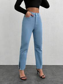 SHEIN Cottnline Women's Solid Color Split Hem Straight Leg Jeans - Baby Blue - View 4