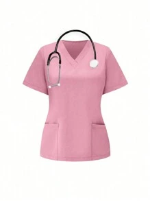 TaskEZ Komplet mundurowy Scrub Solidny top z krótkim rękawem i dekoltem w serek, kieszeniami i spodniami