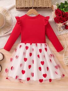 SHEIN Vestido casual diario de niña joven con escote en manga casquillo, superposición de malla, estilo minimalista de moda - Rojo - Ver 2