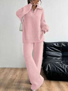 SHEIN Unity 2pcs Women Solid Color Front Zip Long Sleeve Top And Long Pants Set