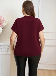 SHEIN Clasi Plus Size Women Crane & Bat Print Casual Short Sleeve Shirt, For Summer - Burgundy - View 2