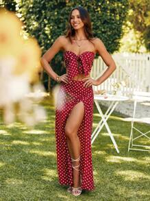 KARISMINA Elegant Red Polka Dot Summer Beach Woman Tie Front Crop Tube Top & Split Thigh Skirt Set,For Summer Vacation,Women Summer Clothing - Burgundy - View 7