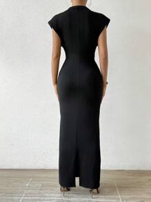 SHEIN PETITE Women's Black High Collar Versatile Shoulder Pad Bodycon Sleeveless Dress