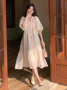 DAZY 女士 V 领花卉印花灯笼袖中长连衣裙