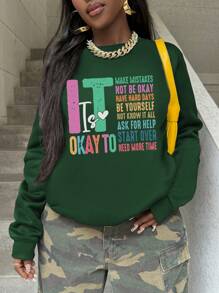 SHEIN Bluza z nadrukiem w stylu vintage casual "No Mistakes, Be Yourself" - Ciemnozielony - Zobacz 1