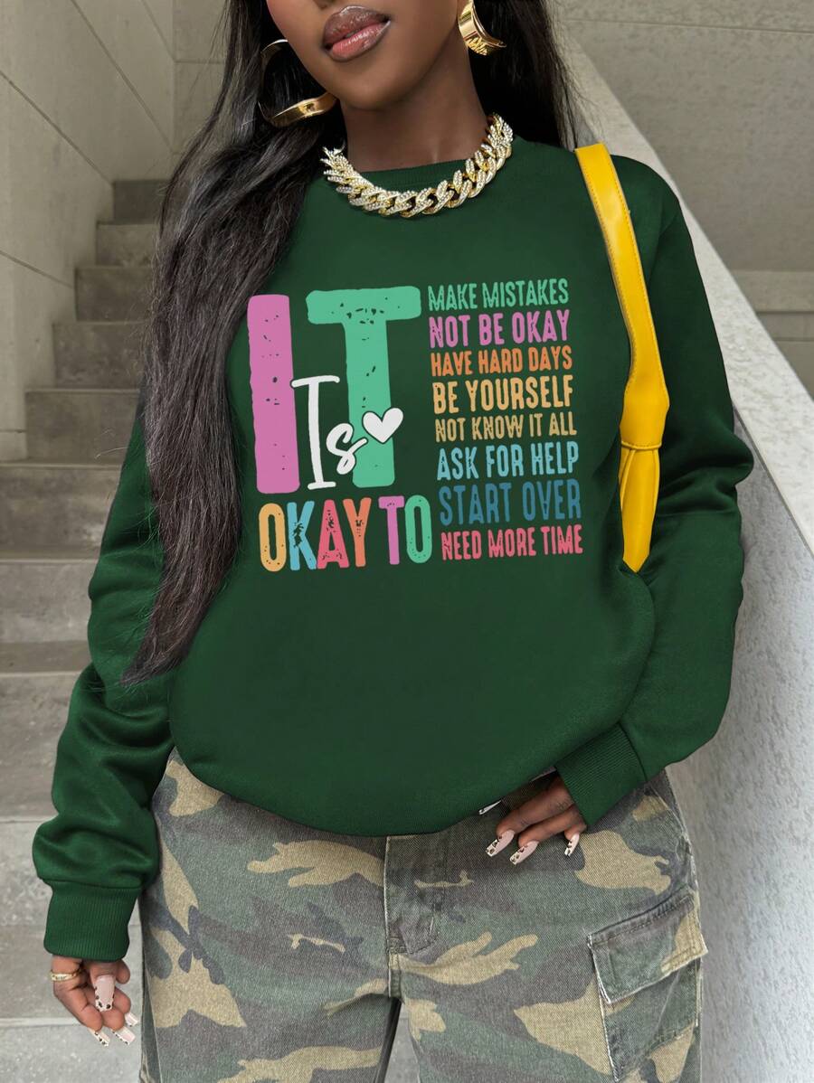 SHEIN Bluza z nadrukiem w stylu vintage casual "No Mistakes, Be Yourself" - Ciemnozielony - Zobacz 1