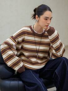 Dazy-Less Suéter de punto con bordado de letras y rayas de color contrastante, ropa de otoño para mujer - Marrón - Ver 1