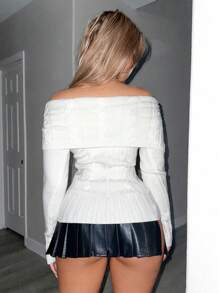 Sweetina Women's Casual Off Shoulder Slit Asymmetric Collar Fitted Sweater, Autumn - White - View 2