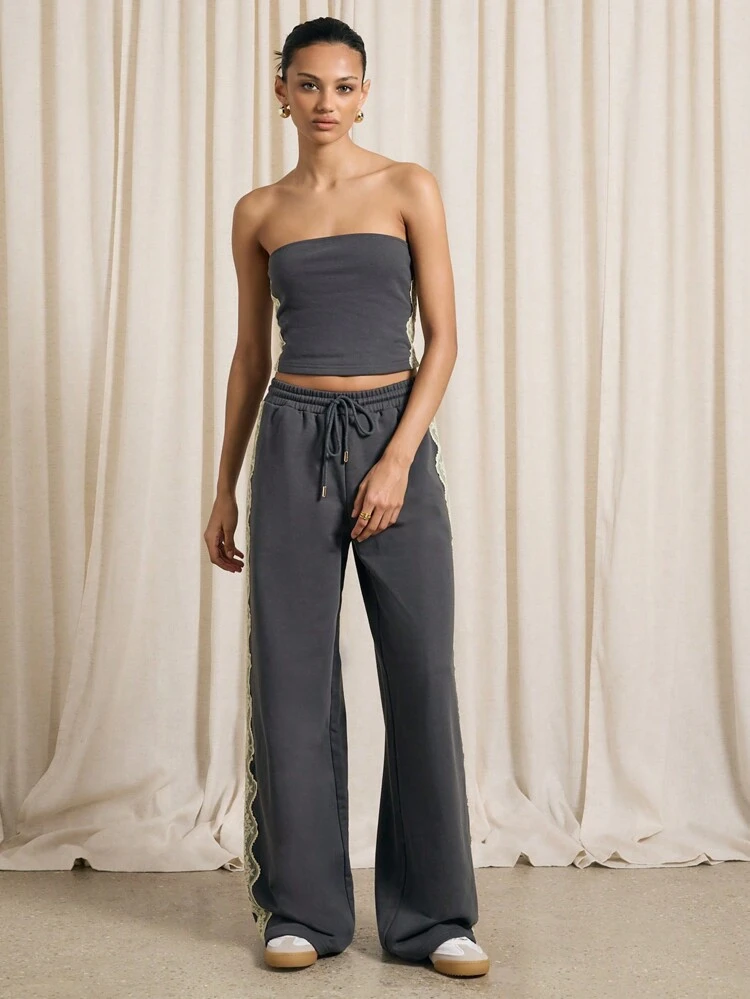 AiiRZ Bandeau And Wide Leg Jogger With Lace Inserts