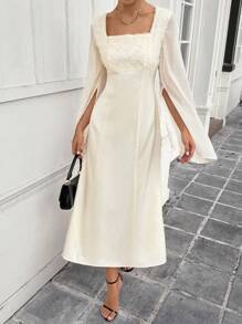 Calvaya Women's Solid Color Square Neck 3D Floral Decor Slit Long Sleeve Maxi Elegant Dress