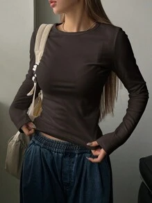 DAZY Women's Solid Color Round Neck Long Sleeve Simple T-Shirt, Casual For Daily Wear,Back To School Clothes,Fall Women Clothes