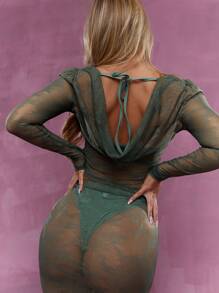 MISSGUIDED Conjunto de top transparente de manga comprida e gola barco de renda e saia bodycon conjunta - Cinza - Visão 3