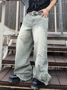 Manfinity EMRG 男士休闲水洗磨边阔腿牛仔裤，纯色长款宽松喇叭牛仔裤浅蓝色水洗工装牛仔裤，适合送给老公、男朋友的礼物 - 綠色 - 查看 6