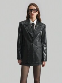 Ontre Ladies 2025 New Black PU Single-Button Pocket Casual Loose Long Sleeve Jacket, Daily, Work, Valentine's Day, Spring