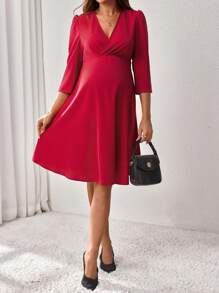 SHEIN 孕妇 V 领纯色中长休闲短款孕妇装 - 酒紅色 - 查看 5