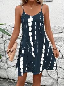 EMERY ROSE Women's Spaghetti Strap Allover Print Casual Mini Dress - Navy Blue - View 6