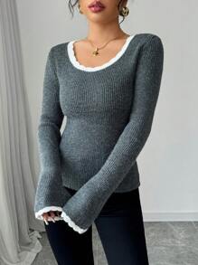 SHEIN Unity Women Slim-Fit Scoop Neck Bell Sleeve Contrast Color Frill Trim Elegant Casual Knitted Sweater Fall Winter - Dark Grey - View 6