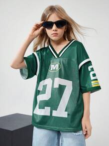 SHEIN Blusa casual sencilla para niñas con estampado de números, cuello en V, manga corta y parches de colido liso - Multicolor - Ver 5
