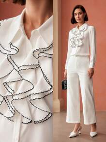 MOTF PREMIUM CONTRAST PIPING JABOT COLLAR SHIRT