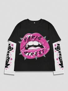 ROMWE MEN Street Life Men's Heavyweight LOVE Graphic Mock-Layer T-Shirt - Black - View 1