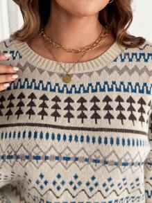 SHEIN LUNE Plus Size Jacquard Knit Crew Neck Sweater, Casual Everyday Wear - Multicolor - View 7