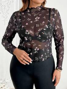 SHEIN VCAY Plus Size 2pcs Set: Floral Print Top And Slim Fit Pants - Black - View 3