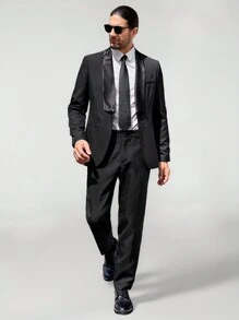 Manfinity VCAY Men Shawl Collar Single Button Blazer & Suit Pants - Black - View 5