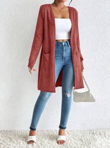 SHEIN Essnce 女士优雅休闲常规针织中长款红色开衫 - 紅色 - 查看 5