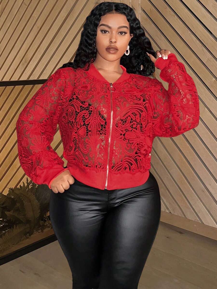 Slaydiva 日常休闲优雅紧身纯红色长袖透明蕾丝夹克，短款拉链大码女士，春秋季 - 紅色 - 查看 1