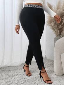 SHEIN Clasi Plus Size Women High Waist Leopard Print Splicing Slit Leggings - Black - View 4