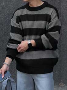 DAZY 男士长袖条纹简约圆领毛衣，秋冬休闲日常穿着 - 彩色 - 查看 9