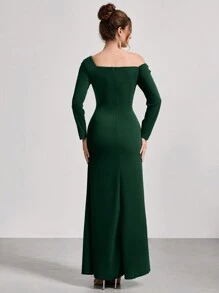 Coutiva 1 件女士不对称领口长袖褶皱长款派对礼服，时尚宴会派对除夕节社交名媛优雅礼服，婚礼宾客礼服，正式礼服，晚礼服 - 墨綠色 - 查看 2