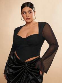 SHEIN BAE Plus Size Women V-Neck Sheer Mesh Long Sleeve Top, Sexy Curve-Hugging Formal Party Blouse, Black