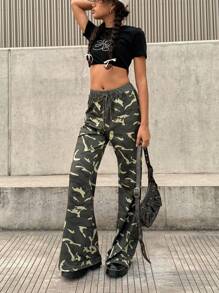 INAWLY Damen einfache bedruckte Lange Hose mit Vorderteil Knoten, Lässiger Alltagsalltag Tragen