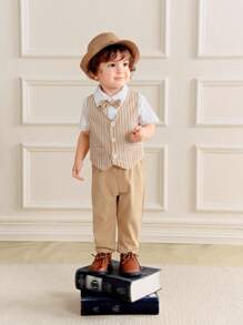 Souflis Souflis 3pcs/Set Infant Baby Boys Gentleman Outfit - Polo Collar Short Sleeve Cardigan, Waistcoat V-Neck Striped Sleeveless, And Long Trousers'