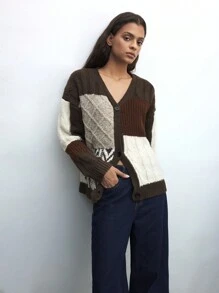 Maija 女士温暖撞色长袖单排扣宽松休闲针织开衫，秋冬 - 彩色 - 查看 7