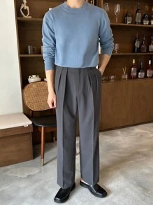 DAZY 男士纯色圆领长袖休闲毛衣，适合秋冬季 - 藍色 - 查看 4