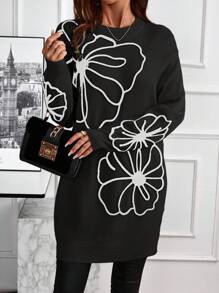 EMERY ROSE Women Embroidered Round Neck Long Sleeve Sweater Dress