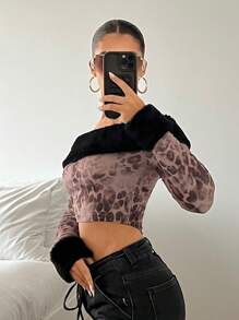 SHEIN ICON Damen Off-Shoulder Einfarbiges Oberteil mit Langen Ärmeln, Crop Top Y2K Leopard Muster, Gelegenheitskleidung für Feiertage und Neujahr, Alltägliches Tragen