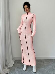 SHEIN ChicEase Đầm dệt kim dài cổ lọ kẻ sọc cho nữ, thường ngày cho mùa thu đông - Nhiều màu - Xem 4