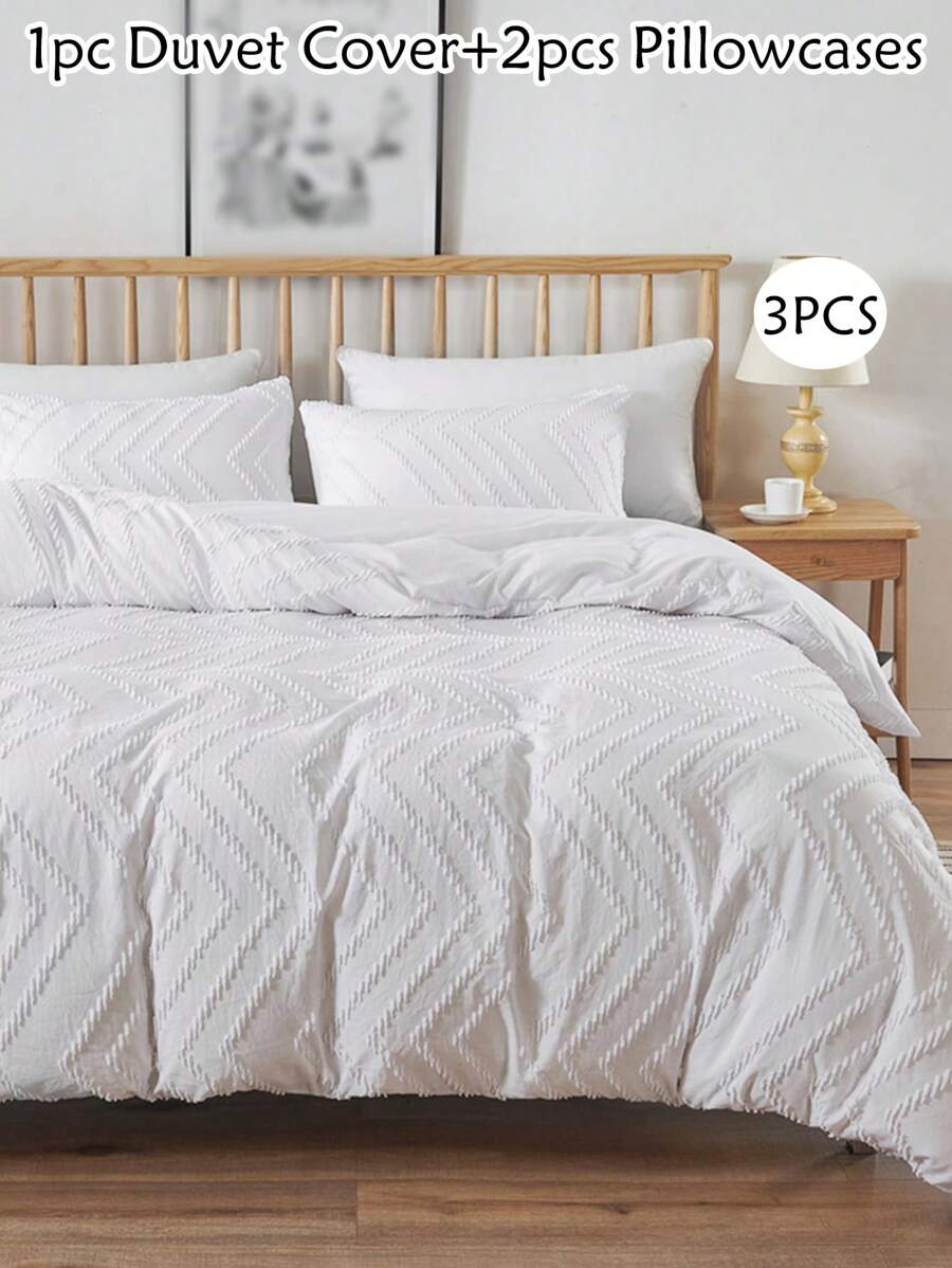 3pcs Striped Tufted Jacquard Polyester Duvet Cover Set, Bohemian Vintage Chic Bedding Set, Suitable For All Seasons, Soft & Breathable (1 Duvet Cover + 2 Pillow Shams, Excluding Filler) - White - View 1