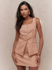 MISSGUIDED بدلة رسمية أنيقة بياقة مربعة وأزرار أمامية، تنورة قصيرة مناسبة للعمل المحترف في المكتب، مناسبة للصيف والخريف - وردي مغبر - مشاهدة 3