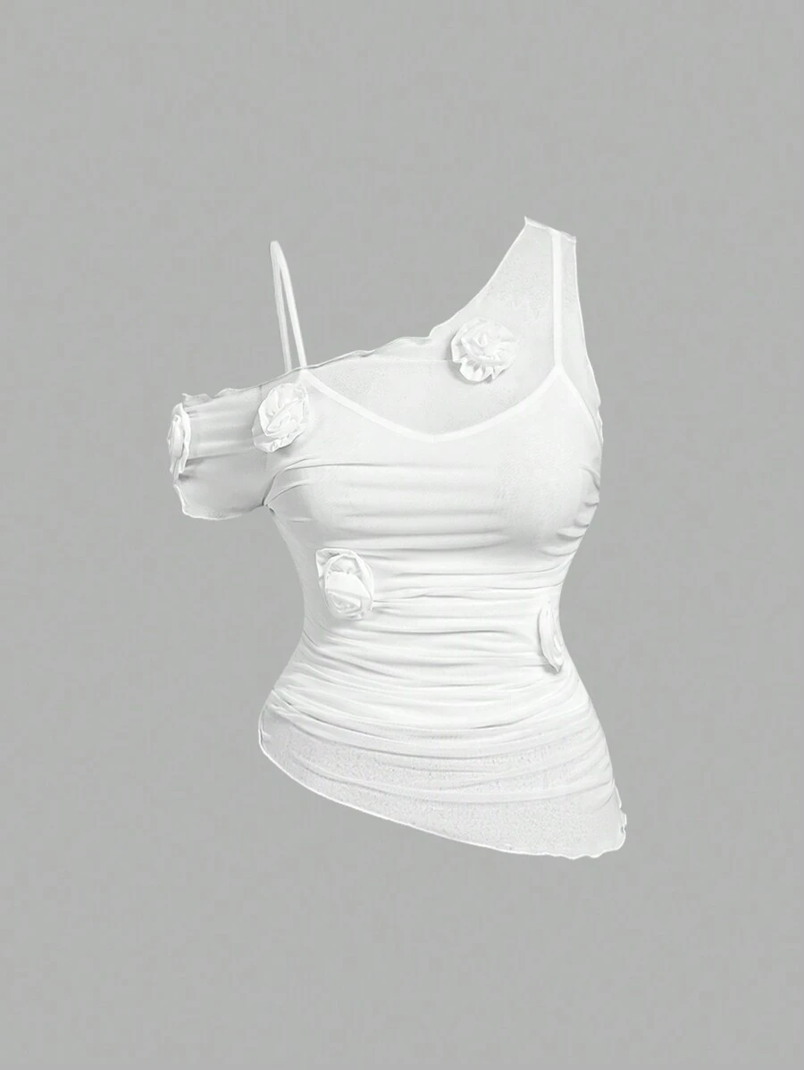 SHEIN MOD Plus Size Asymmetric Hem Floral Embroidered Elastic Mesh Blouse For Women, Fall Women Outfits, Party Wear For Women, Three-Dimensional Flowers, Casual Solid Color Boat Neck Bell Sleeve Ruched Waist Versatile T-Shirt, Tops With Sleeves, New Year,Valentine