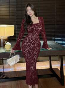 DAZY 女士中长裹身蕾丝连衣裙，春秋季优雅正式女装长袖连衣裙奢华红色女装舞会礼服新年女装情人节嘉年华 - 酒紅色 - 查看 3